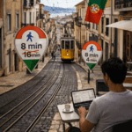 Remote work scene in Lisbon with a tram climbing a steep hill.